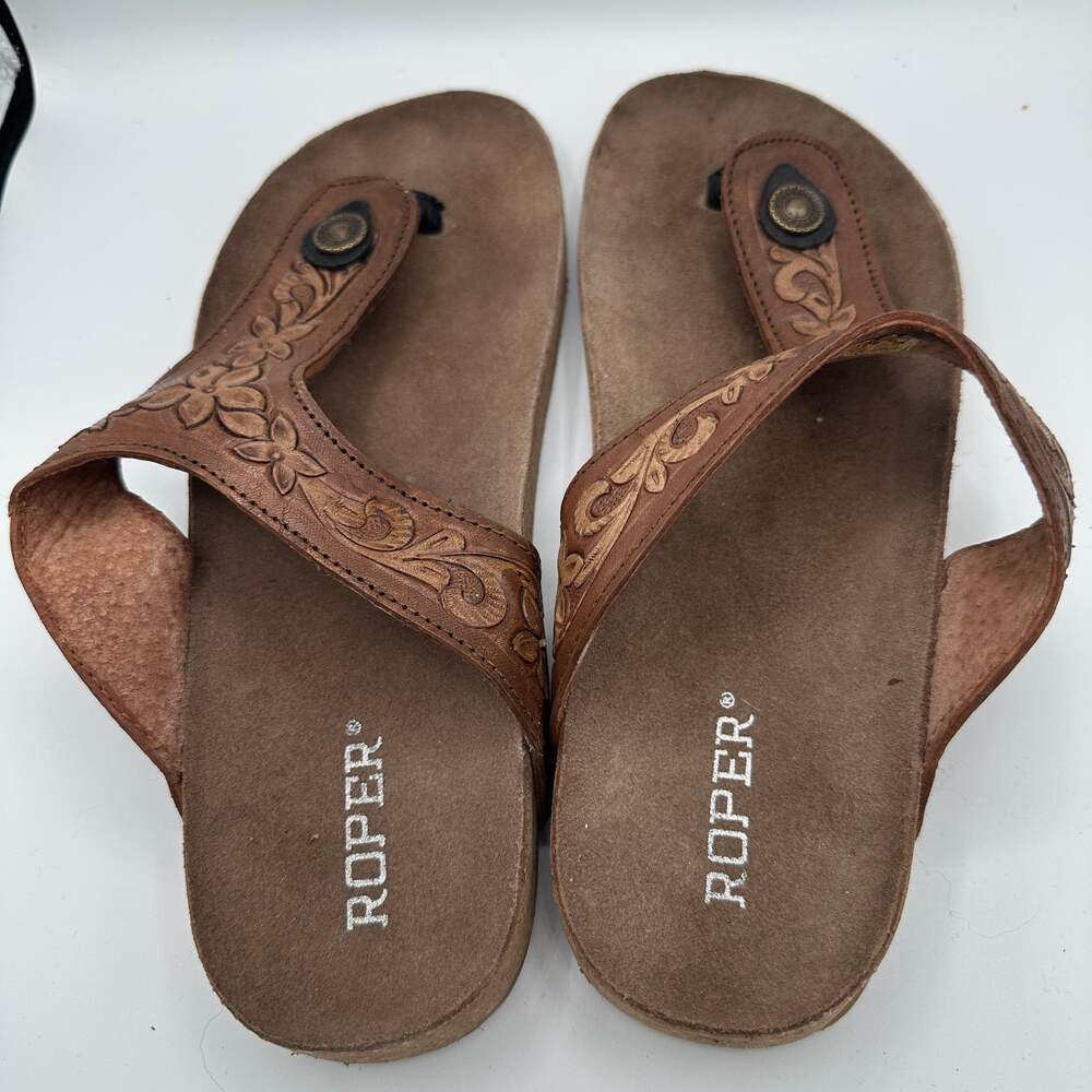 Women's Roper Miranda Tooled Floral Thong Brown Sandal